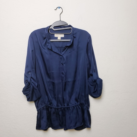 Michael Kors Blue Half Button Peplum Collar Top - Picture 5 of 8